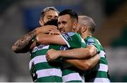 21 September 2020; Roberto Lopes, left, is congratulated by Shamrock Rovers team-mates Lee Grace, Aaron Greene and Joey O'Brien, right, after scoring their second goal during the SSE Airtricity League Premier Division match between Shamrock Rovers and Waterford at Tallaght Stadium in Dublin. Photo by Stephen McCarthy/Sportsfile