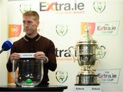 18 September 2020; Former Sligo Rovers player Conor O'Grady draws out the name of Athlone Town during the draw for the Extra.ie FAI Cup quarter-finals following the SSE Airtricity League Premier Division match between Sligo Rovers and Bohemians at The Showgrounds in Sligo. Photo by Stephen McCarthy/Sportsfile