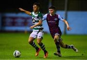 22 September 2020; Sean Brennan of Shamrock Rovers II in action against James Clarke of Drogheda United during the SSE Airtricity League First Division match between Drogheda United and Shamrock Rovers II at United Park in Drogheda, Louth. Photo by Ben McShane/Sportsfile