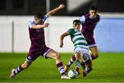 22 September 2020; Sean Brennan of Shamrock Rovers II in action against Brandon Bermingham, right, and James Clarke of Drogheda United during the SSE Airtricity League First Division match between Drogheda United and Shamrock Rovers II at United Park in Drogheda, Louth. Photo by Ben McShane/Sportsfile