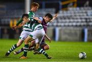 22 September 2020; James Clarke of Drogheda United is fouled by Dean McMenamy and Darragh Nugent, behind, of Shamrock Rovers II during the SSE Airtricity League First Division match between Drogheda United and Shamrock Rovers II at United Park in Drogheda, Louth. Photo by Ben McShane/Sportsfile