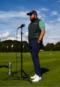 23 September 2020; Shane Lowry of Ireland is interviewed prior to his practice round ahead of the Dubai Duty Free Irish Open Golf Championship at Galgorm Spa & Golf Resort in Ballymena, Antrim. Photo by Brendan Moran/Sportsfile