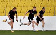 23 September 2020; Dundalk players, from left, John Mountney, Sean Hoare and Michael Duffy during a Dundalk training session at Stadionul Sheriff in Tiraspol, Moldova. Photo by Alex Nicodim/Sportsfile