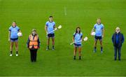 24 September 2020; AIG Insurance today launched the 2020 Dublin All-Ireland GAA Season with a tribute to club volunteers, members and frontline workers. Players, from left, Dublin ladies’ footballer Jennifer Dunne, Dublin hurler Eoghan O’Donnell, Dublin camogie player Emma O’Byrne and Dublin footballer Jonny Cooper with GAA Volunteers Brigid Tolster and Jerry Grogan were in Parnell Park as part of the launch. Photo by Stephen McCarthy/Sportsfile