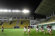 24 September 2020; Dundalk players, including Brian Gartland, warm-up prior to the UEFA Europa League Third Qualifying Round match between FC Sheriff Tiraspol and Dundalk at the Stadionul Sheriff in Tiraspol, Moldova. Photo by Alex Nicodim/Sportsfile