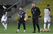 24 September 2020; Dundalk assistant coach Giuseppe Rossi, left, and Dundalk interim head coach Filippo Giovagnoli prior to the UEFA Europa League Third Qualifying Round match between FC Sheriff Tiraspol and Dundalk at the Stadionul Sheriff in Tiraspol, Moldova. Photo by Alex Nicodim/Sportsfile