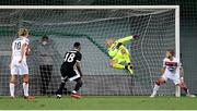 24 September 2020; Gary Rogers of Dundalk fails to save a header by Veaceslav Posmac of FC Sheriff Tiraspol to concede his side's first goal during the UEFA Europa League Third Qualifying Round match between FC Sheriff Tiraspol and Dundalk at the Stadionul Sheriff in Tiraspol, Moldova. Photo by Alex Nicodim/Sportsfile