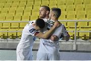 24 September 2020; Sean Murray, centre, of Dundalk celebrates with team-mates Darragh Leahy, left, and Michael Duffy after scoring his side's first goal during the UEFA Europa League Third Qualifying Round match between FC Sheriff Tiraspol and Dundalk at the Stadionul Sheriff in Tiraspol, Moldova. Photo by Alex Nicodim/Sportsfile