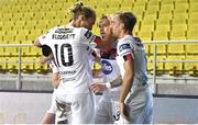 24 September 2020; Sean Murray, centre, of Dundalk celebrates with team-mates Greg Sloggett, left, and John Mountney after scoring his side's first goal during the UEFA Europa League Third Qualifying Round match between FC Sheriff Tiraspol and Dundalk at the Stadionul Sheriff in Tiraspol, Moldova. Photo by Alex Nicodim/Sportsfile