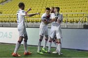 24 September 2020; Sean Murray of Dundalk, second from right, celebrates with team-mates, from left, John Mountney, Darragh Leahy and Michael Duffy after scoring his side's first goal during the UEFA Europa League Third Qualifying Round match between FC Sheriff Tiraspol and Dundalk at the Stadionul Sheriff in Tiraspol, Moldova. Photo by Alex Nicodim/Sportsfile