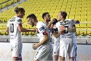24 September 2020; Dundalk players celebrate after Sean Murray scored their side's first goal during the UEFA Europa League Third Qualifying Round match between FC Sheriff Tiraspol and Dundalk at the Stadionul Sheriff in Tiraspol, Moldova. Photo by Alex Nicodim/Sportsfile