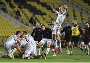 24 September 2020; Dundalk players, including Greg Sloggett, celebrate after the penalty shoot out during the UEFA Europa League Third Qualifying Round match between FC Sheriff Tiraspol and Dundalk at the Stadionul Sheriff in Tiraspol, Moldova. Photo by Alex Nicodim/Sportsfile