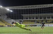 24 September 2020; Gary Rogers of Dundalk saves a penalty from Faith Friday Obilor of FC Sheriff Tiraspol during the penalty shoot out during the UEFA Europa League Third Qualifying Round match between FC Sheriff Tiraspol and Dundalk at the Stadionul Sheriff in Tiraspol, Moldova. Photo by Alex Nicodim/Sportsfile