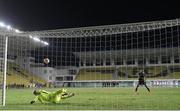 24 September 2020; Gary Rogers of Dundalk saves a penalty from Faith Friday Obilor of FC Sheriff Tiraspol during the penalty shoot out during the UEFA Europa League Third Qualifying Round match between FC Sheriff Tiraspol and Dundalk at the Stadionul Sheriff in Tiraspol, Moldova. Photo by Alex Nicodim/Sportsfile