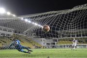 24 September 2020; Sean Hoare of Dundalk shoots to score past Zvonimir Mikulic of FC Sheriff Tiraspol during the penalty shoot out during the UEFA Europa League Third Qualifying Round match between FC Sheriff Tiraspol and Dundalk at the Stadionul Sheriff in Tiraspol, Moldova. Photo by Alex Nicodim/Sportsfile