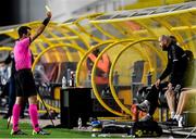 24 September 2020; Dundalk opposition analyst Shane Keegan is shown a yelllow card by referee Aleksandar Stavrev during the UEFA Europa League Third Qualifying Round match between FC Sheriff Tiraspol and Dundalk at the Stadionul Sheriff in Tiraspol, Moldova. Photo by Alex Nicodim/Sportsfile