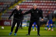 25 September 2020; Bohemians manager Keith Long and Glen McAuley during the warm-up prior to the SSE Airtricity League Premier Division match between Bohemians and Derry City at Dalymount Park in Dublin. Photo by Stephen McCarthy/Sportsfile