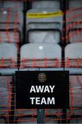 25 September 2020; Signage indicating the away teams bench at Dalympunt Park prior to the SSE Airtricity League Premier Division match between Bohemians and Derry City at Dalymount Park in Dublin. Photo by Stephen McCarthy/Sportsfile