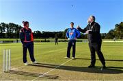 26 September 2020; Match referee Kevin Gallagher, right, makes the toss in the presence of team captains Gary Wilson of Northern Knights, left, and George Dockrell of Leinster Lightning during the Test Triangle Inter-Provincial Series 50 over match between Leinster Lightning and Northern Knights at Malahide Cricket Club in Dublin. Photo by Sam Barnes/Sportsfile