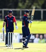 26 September 2020; James McCollum of Northern Knights, right, acknowledges his team-mates after making his half century during the Test Triangle Inter-Provincial Series 50 over match between Leinster Lightning and Northern Knights at Malahide Cricket Club in Dublin. Photo by Sam Barnes/Sportsfile