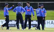 26 September 2020; George Dockrell of Leinster Lightning, centre, celebrates with team-mates after bowling Ruan Pretorius of Northern Knights during the Test Triangle Inter-Provincial Series 50 over match between Leinster Lightning and Northern Knights at Malahide Cricket Club in Dublin. Photo by Sam Barnes/Sportsfile