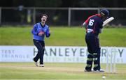 26 September 2020; George Dockrell of Leinster Lightning celebrates after bowling Ruan Pretorius of Northern Knights during the Test Triangle Inter-Provincial Series 50 over match between Leinster Lightning and Northern Knights at Malahide Cricket Club in Dublin. Photo by Sam Barnes/Sportsfile