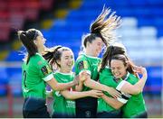 26 September 2020; Lucy McCartan, second from right, celebrates with Peamount United team-mates after scoring her side's first goal during the Women's National League match between Shelbourne and Peamount at Tolka Park in Dublin. Photo by Stephen McCarthy/Sportsfile