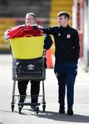 26 September 2020; Shelbourne kitman Johnny Watson, left, assisted by Alan O'Malley collects kit at Tolka Park ahead of the SSE Airtricity League Premier Division match between St Patrick's Athletic and Shelbourne at Richmond Park in Dublin. Photo by Stephen McCarthy/Sportsfile