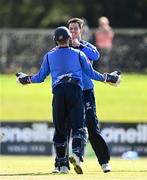 26 September 2020; George Dockrell of Leinster Lightning, centre right, celebrates with Lorcan Tucker after bowling Shane Getkate of Northern Knights for LBW during the Test Triangle Inter-Provincial Series 50 over match between Leinster Lightning and Northern Knights at Malahide Cricket Club in Dublin. Photo by Sam Barnes/Sportsfile