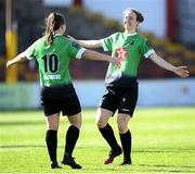 26 September 2020; Karen Duggan celebrates with her Peamount United team-mate Eleanor Ryan-Doyle, 10, who scored their fifth goal during the Women's National League match between Shelbourne and Peamount at Tolka Park in Dublin. Photo by Stephen McCarthy/Sportsfile