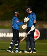 26 September 2020; Simi Singh, left, and George Dockrell of Leinster Lightning celebrate following the Test Triangle Inter-Provincial Series 50 over match between Leinster Lightning and Northern Knights at Malahide Cricket Club in Dublin. Photo by Sam Barnes/Sportsfile