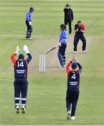 26 September 2020; Mark Adair of Northern Knights, and team-mates, from left, Gary Wilson, and Neil Rock celebrate after Kevin O'Brien of Leinster Lightning is bowled LBW during the Test Triangle Inter-Provincial Series 50 over match between Leinster Lightning and Northern Knights at Malahide Cricket Club in Dublin. Photo by Sam Barnes/Sportsfile