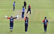 26 September 2020; Mark Adair of Northern Knights, and team-mates, from left, Gary Wilson, Neil Rock and Ruan Pretorius celebrate after Kevin O'Brien of Leinster Lightning is bowled LBW during the Test Triangle Inter-Provincial Series 50 over match between Leinster Lightning and Northern Knights at Malahide Cricket Club in Dublin. Photo by Sam Barnes/Sportsfile