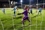 26 September 2020; Shelbourne goalkeeper Colin McCabe is beaten by a header from Rory Feely of St Patrick's Athletic, not pictured, during the SSE Airtricity League Premier Division match between St Patrick's Athletic and Shelbourne at Richmond Park in Dublin. Photo by Stephen McCarthy/Sportsfile
