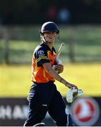 27 September 2020; Gaby Lewis of Scorchers leaves the field after being bowled out by Orla Prendergast of Typhoons during the Women's Super Series match between Scorchers and Typhoons at Malahide Cricket Club in Dublin. Photo by Sam Barnes/Sportsfile