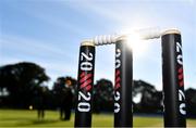 27 September 2020; A general view of the 20x20 branded stumps ahead of the Women's Super Series match between Scorchers and Typhoons at Malahide Cricket Club in Dublin. Photo by Sam Barnes/Sportsfile