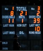 27 September 2020; Umpire Paul Reynolds in front of the scoreboard during the Women's Super Series match between Scorchers and Typhoons at Malahide Cricket Club in Dublin. Photo by Sam Barnes/Sportsfile