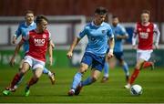 26 September 2020; Aaron Dobbs of Shelbourne in action against Darragh Markey of St Patrick's Athletic during the SSE Airtricity League Premier Division match between St Patrick's Athletic and Shelbourne at Richmond Park in Dublin. Photo by Stephen McCarthy/Sportsfile