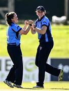 27 September 2020; Laura Delany of Typhoons, left, celebrates with Rebecca Stokell after bowling Caoimhe McCann of Scorchers LBW  during the Women's Super Series match between Scorchers and Typhoons at Malahide Cricket Club in Dublin. Photo by Sam Barnes/Sportsfile