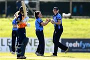 27 September 2020; Laura Delany of Typhoons, left, celebrates with Rebecca Stokell after bowling Caoimhe McCann of Scorchers LBW  during the Women's Super Series match between Scorchers and Typhoons at Malahide Cricket Club in Dublin. Photo by Sam Barnes/Sportsfile