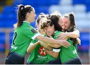 26 September 2020; Lucy McCartan is congratulated by Peamount United team-mates Lauryn O’Callaghan, Sadhbh Doyle, Eleanor Ryan-Doyle and Áine O’Gorman after scoring their opening goal during the Women's National League match between Shelbourne and Peamount at Tolka Park in Dublin. Photo by Stephen McCarthy/Sportsfile