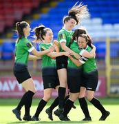 26 September 2020; Lucy McCartan, second from right, is congratulated by Peamount United team-mates, from left, Lauryn O’Callaghan, Sadhbh Doyle, Eleanor Ryan-Doyle and Áine O’Gorman after scoring their opening goal during the Women's National League match between Shelbourne and Peamount at Tolka Park in Dublin. Photo by Stephen McCarthy/Sportsfile