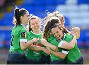 26 September 2020; Lucy McCartan is congratulated by Peamount United team-mates Lauryn O’Callaghan, Sadhbh Doyle, Eleanor Ryan-Doyle and Áine O’Gorman after scoring their opening goal during the Women's National League match between Shelbourne and Peamount at Tolka Park in Dublin. Photo by Stephen McCarthy/Sportsfile