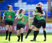 26 September 2020; Lucy McCartan, second from right, is congratulated by Peamount United team-mates, from left, Sadhbh Doyle, Eleanor Ryan-Doyle and Áine O’Gorman after scoring their opening goal during the Women's National League match between Shelbourne and Peamount at Tolka Park in Dublin. Photo by Stephen McCarthy/Sportsfile