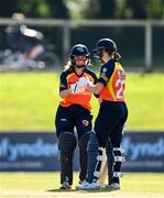 27 September 2020; Leah Paul of Scorchers, left, bumps fists with Sophie MacMahon during the Women's Super Series match between Scorchers and Typhoons at Malahide Cricket Club in Dublin. Photo by Sam Barnes/Sportsfile