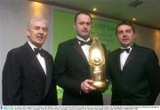 16 January 2004; Longford Town manager Alan Mathews, centre, who was presented with the Personality of the year Award by Cathal Magee, left, Managing Director eircom Retail and Gerry McDermott, President of the eircom Soccer Writers Association, at the eircom Soccer Writers Association  Awards at a banquet in the Alexander Hotel, Dublin. Picture credit; David Maher / SPORTSFILE *EDI*