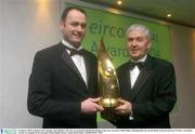 16 January 2004; Longford Town manager Alan Mathews, left, who was presented with the Personality of the year Award by Cathal Magee, Managing Director eircom Retail, at the eircom Soccer Writers Association  Awards at a banquet in the Alexander Hotel, Dublin. Picture credit; David Maher / SPORTSFILE *EDI*