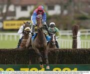 11 January 2004; Emotional Moment, with Barry Geraghty up, clears the last ahead of Stashedaway, Ruby Walsh up, left, and Yeoman's Point, Conor O'Dwyer up, on the way to winning the Paddy Fitzpatrick Memorial Novice Steeplechase, Leopardstown Racecourse, Dublin. Picture credit; Brian Lawless / SPORTSFILE *EDI*