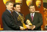 19 January 2004; Pictured at the presentation of the Powers Gold label / Irish Independent Racing Awards are (from l to r); P.J. Cunningham, Sports Editor of the Irish Independent, Pat Dunne, who received the Aga Khan's Irish Racing Manager award and Philippe Savinel, Chief Executive Irish Distillers. Four Seasons Hotel, Dublin. Picture credit; Ray McManus / SPORTSFILE