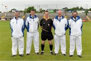 30 June 2013; Match officials, from left, Umpires John Emmo and Conor Dourneen, referee James Clarke, and Umpires Martin Cleary and Enda Sweeney. Ulster GAA Hurling Senior Championship, Semi-Final, Derry v Down, Athletic Grounds, Armagh. Picture credit: Brendan Moran / SPORTSFILE
